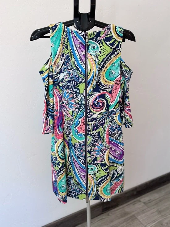 Nicole Miller Cold Shoulder Paisley Bell Sleeve Dress Boho Full Back Zip, Sz 8 - Picture 3 of 9